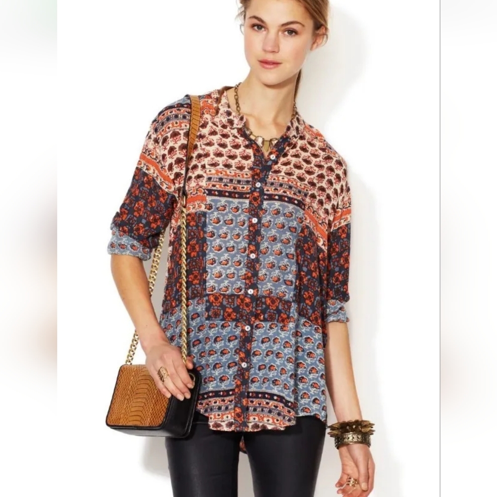 Free People Caravan Patchwork Rayon Button Down - image 1